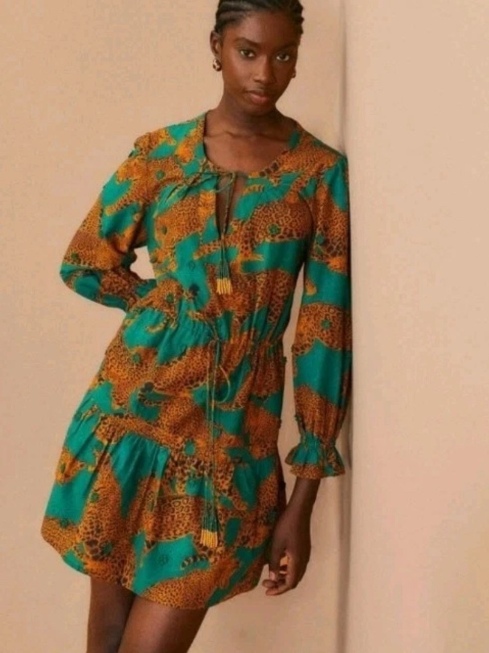 Farm Rio Teal & Gold Leopard Printed Long-Sleeve Tie-Neck Dress NWT med